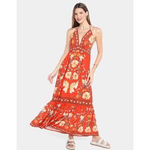 Farm Rio Red Floral Halter Women's Maxi Dress Size Small 100% Viscose Boho Chic